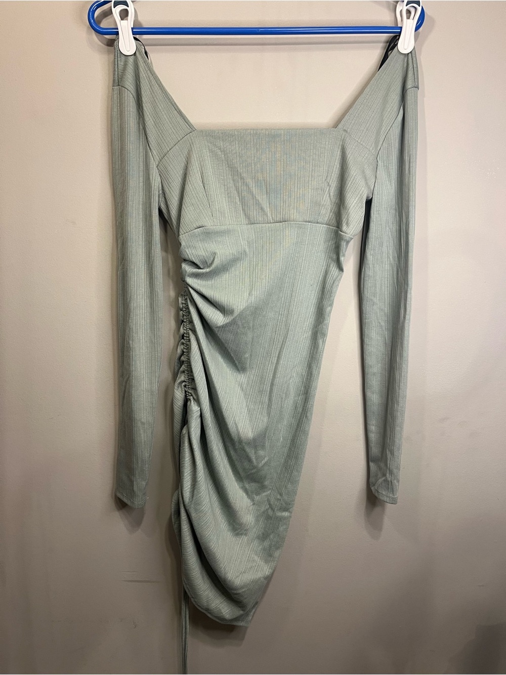 Forever 21 Sage Green Long Sleeve Ruched Midi Dress